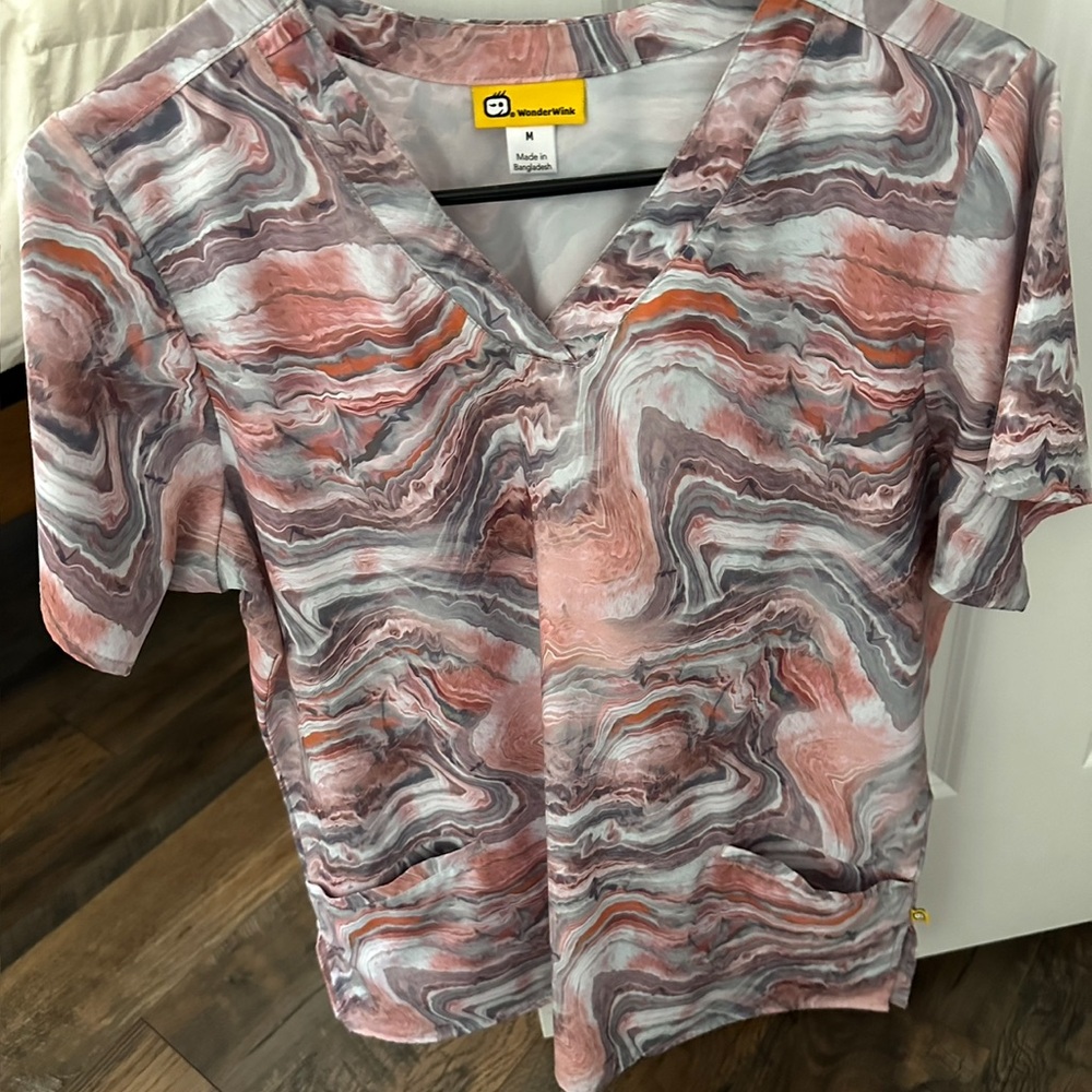 WonderWink Women's Marble Swirl Scrub Top in Pink and Gray